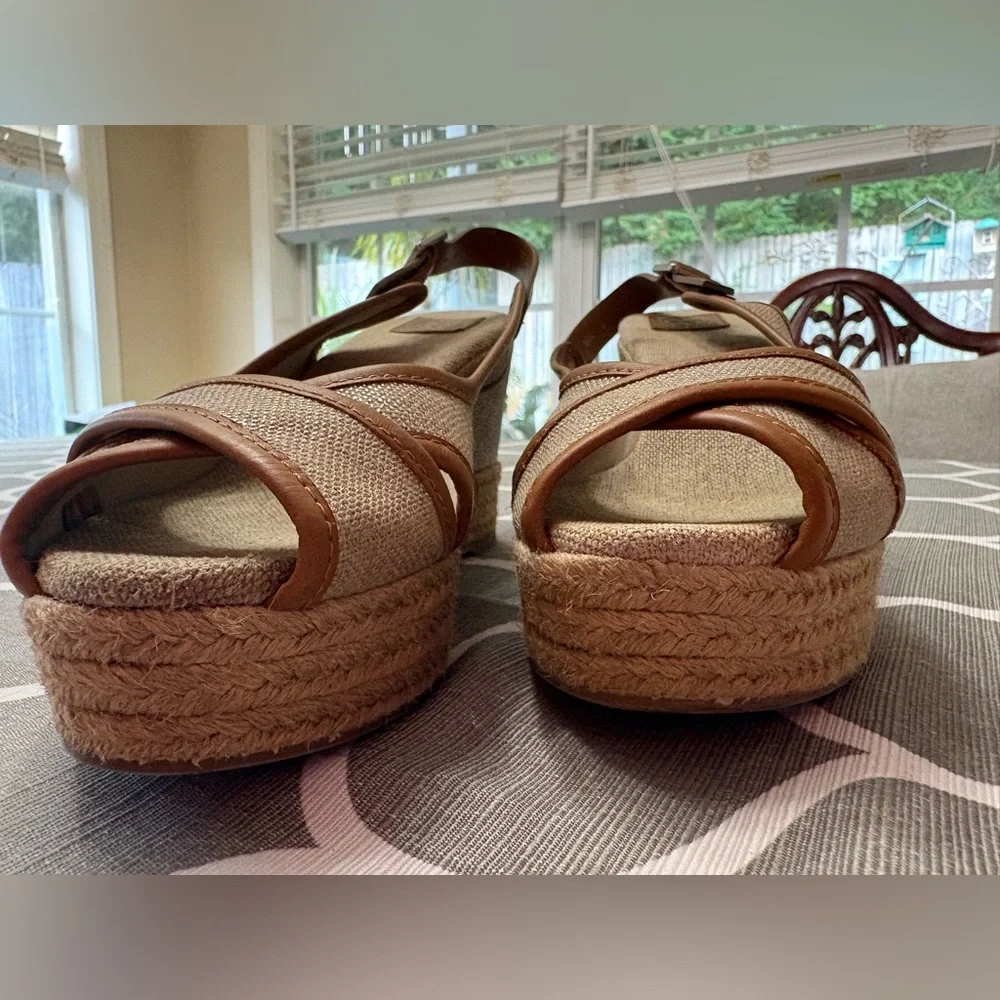Tory Burch Majorca Peep Toe Espadrille Wedge Leather Shimmer Sling Back Sandals